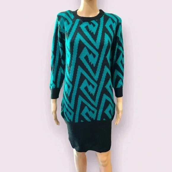 Betsey Johnson inspired Vintage 80s Novelty aztec Sweater Dress - Dressy Tessy - Picture 1 of 12